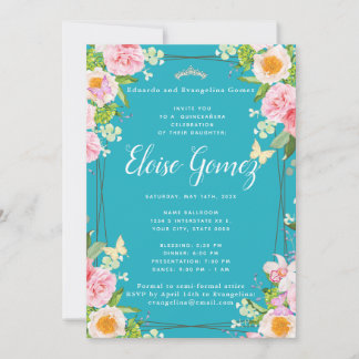 Teal Floral Butterfly Quinceanera Convite