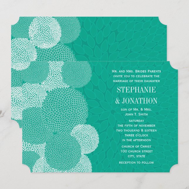 Teal Floral Chrysanthemum Convites De Casamento (Frente/Verso)