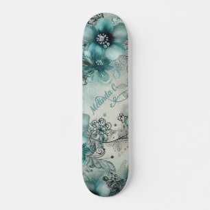 Teal Floral de Skateboard inspirado na Vintage