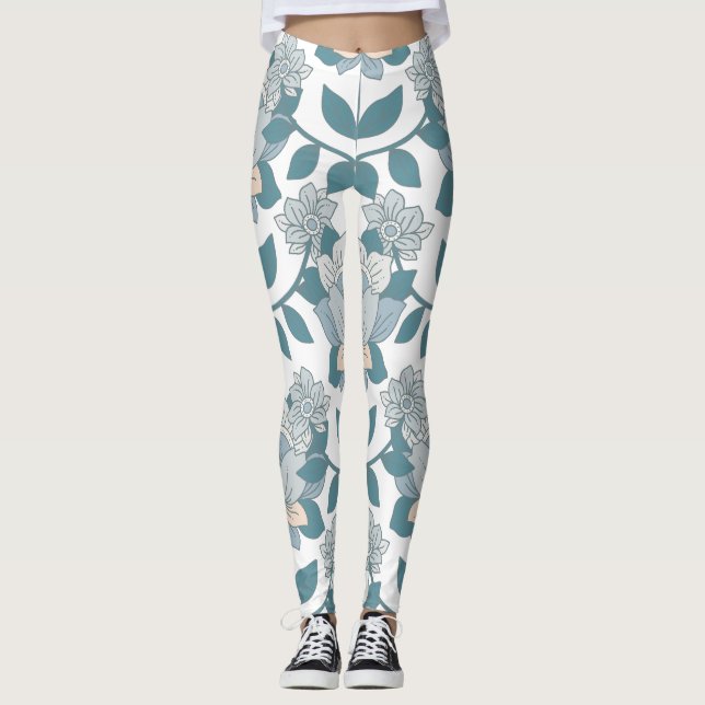 Teal Floral Elegance Leggings femininas (Frente)