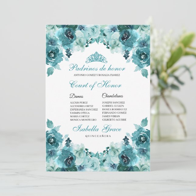 Teal Floral Quinceanera Tribunal de Honra Convite (Em pé/Frente)