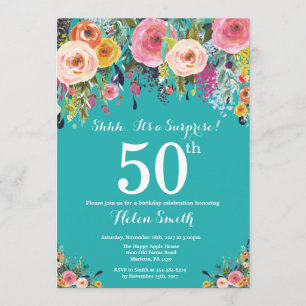 Teal Floral Surprise 50º Convite de Aniversário