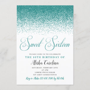 Teal Glitter Doce 16 Convite de Aniversário