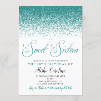 Teal Glitter Doce 16 Convite de Aniversário