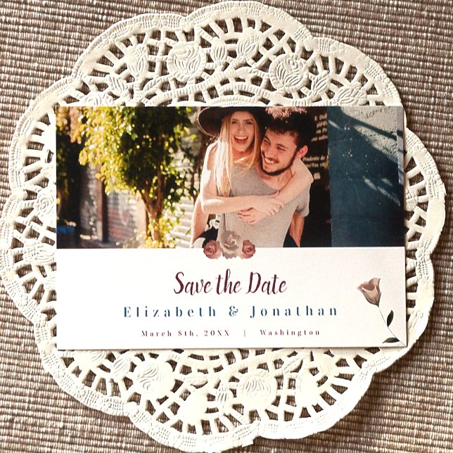 Teal Green, Beige Rosa Salve as Cartões de Data (Vintage Botanical Garden Rose Wedding Save the Date Card with Photo)