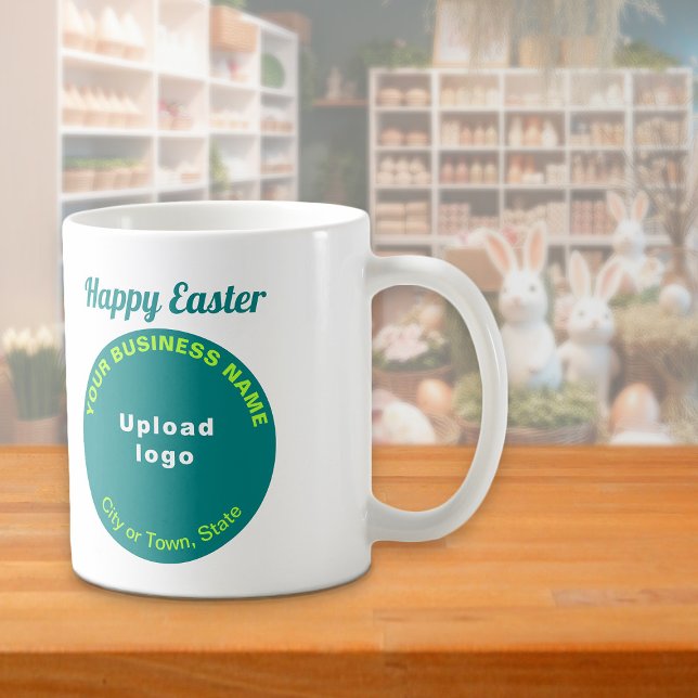 Teal Green Business Marca | Páscoa | Caneca (Mug with Easter greeting and teal green round shape business brand)