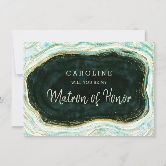 Teal Green Geode Matron of Honor Proposta Card (Frente)