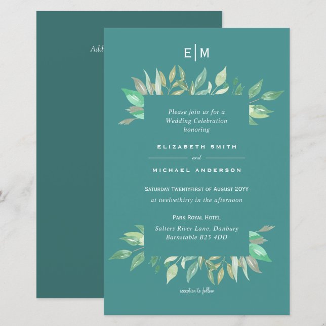 Teal Greenery deixa Convites de casamento de orçam (Frente/Verso)