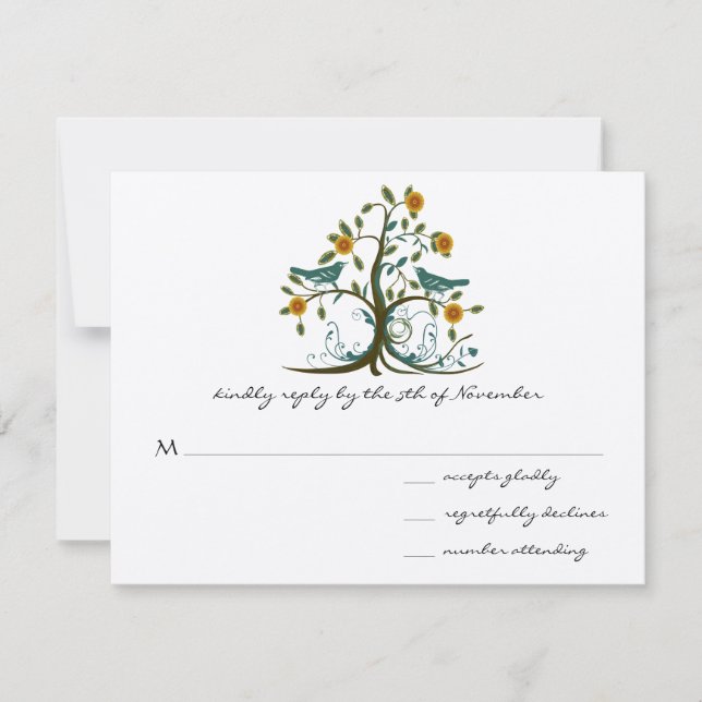 Teal Love Birds Coral Blooming Tree Casamento RSVP (Frente)