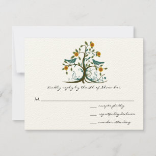 Teal Love Birds Coral Blooming Tree Casamento RSVP