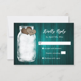 Teal Mason Jar Barn Wood Lights Wedding RSVP Card