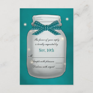 Teal Mason Jar com placa RSVP de Fireflies