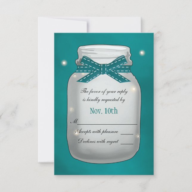Teal Mason Jar com placa RSVP de Fireflies (Frente)