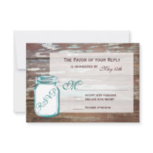 Teal Mason Jar Rustic Barn Wood Cards RSVP de Casa