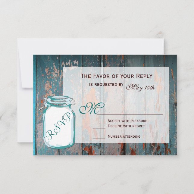 Teal Mason Jar Rustic Barn Wood Cards RSVP de Casa (Frente)