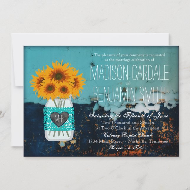 Teal Mason Jar Sunflower Convites de casamento Rus (Frente)