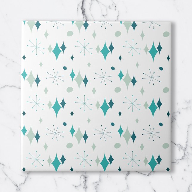 Teal, Meio século Aqua Starburst moderno padrão (Teal, Aqua Starburst Mid Century Modern Pattern Ceramic Tile)