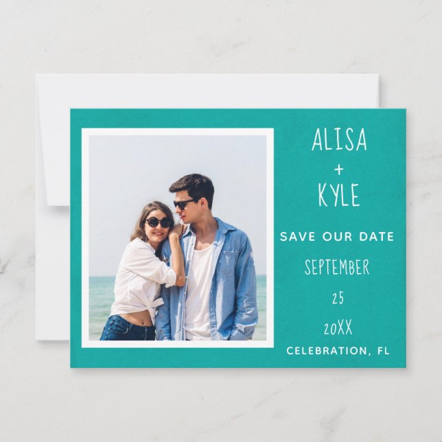 Teal Modern Photo Save the Date (A Foto Moderna Te (Frente)