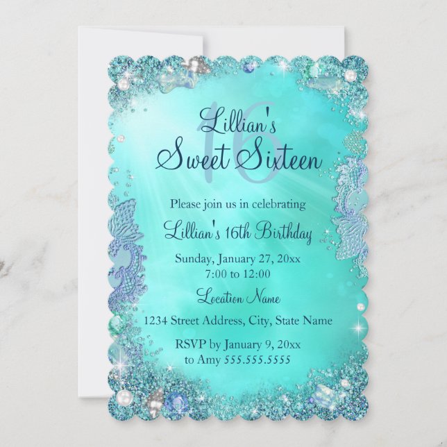 Teal Ocean Jewel Sweet 16 Aniversário Convite (Frente)
