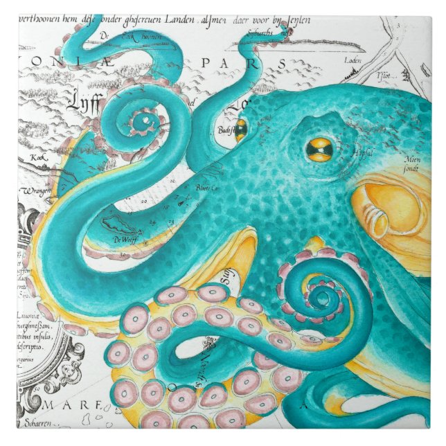 Teal Octopus Nautical Map Watercolor (Frente)