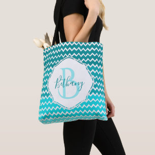 Teal Ombre Chevron Personalizado Tote Bag