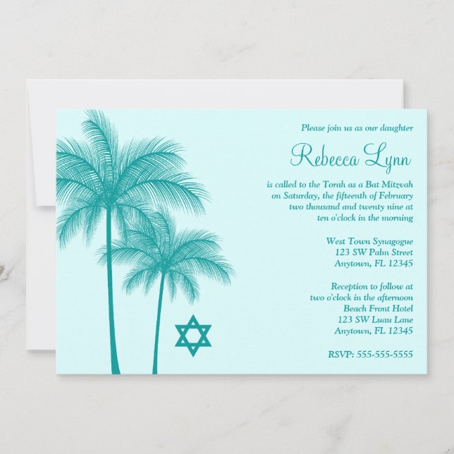 Teal Palm Árvore Tropical Bat Mitzvah Convites (Frente)