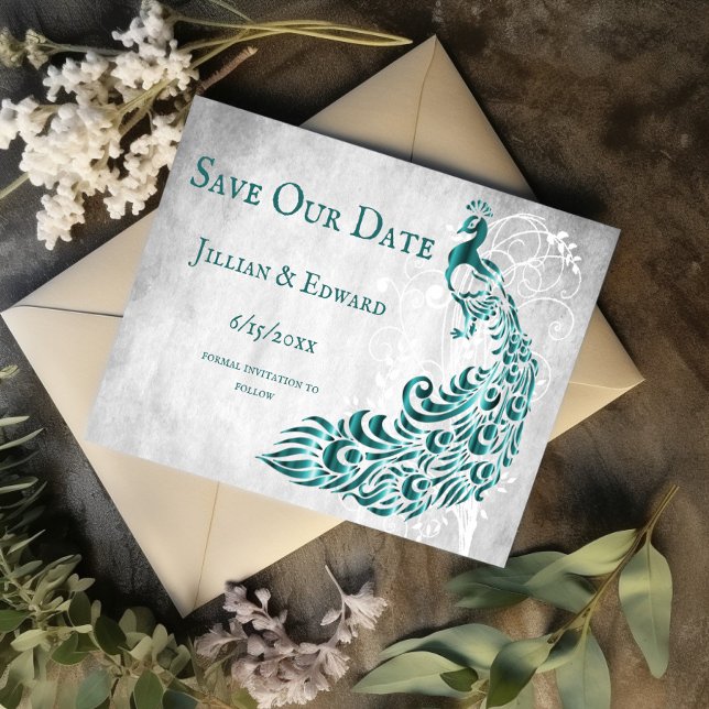 Teal Peacock Leaf Vine Salvar Data Anúncio (Teal Peacock Leaf Vine Save the Date)