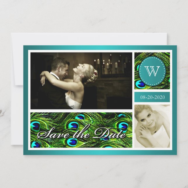 Teal Peacock Wedding Save the Date Cartões com fot (Frente)