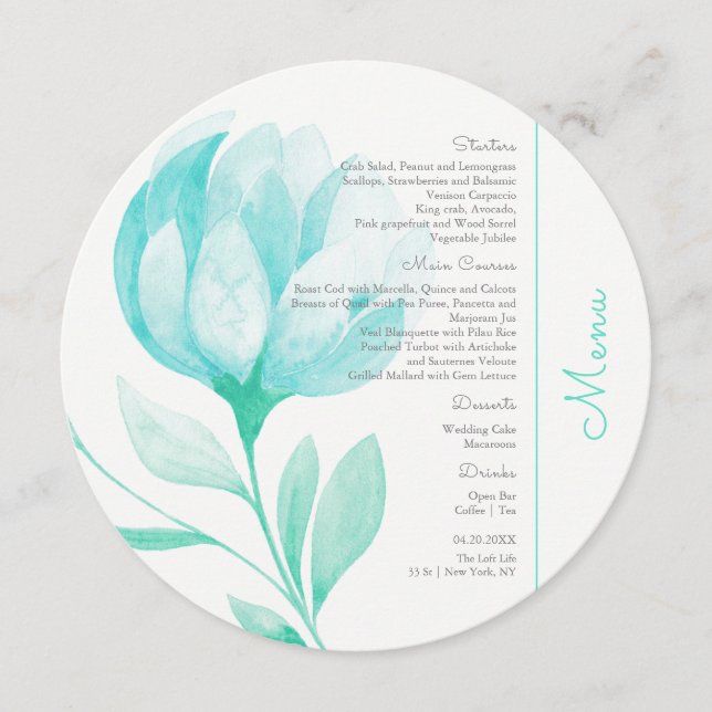 Teal Peonies Weding Circle Menu (Frente)