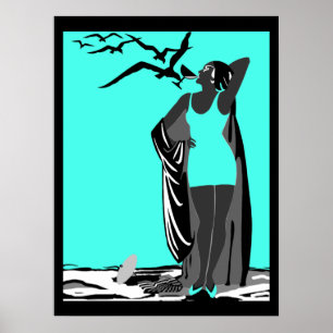 Teal Poster ART DECO LADY Pássaros brancos pretos