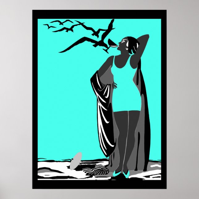 Teal Poster ART DECO LADY Pássaros brancos pretos (Frente)