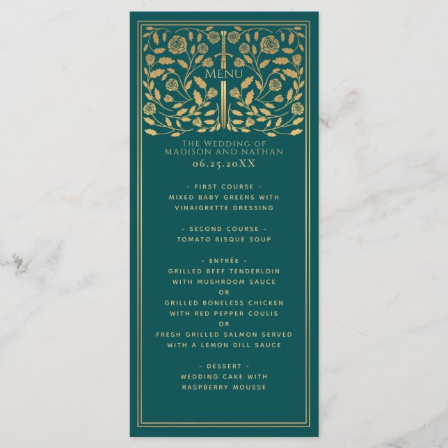 Teal Royal Medieval Sword Wedding Menu Flat (Frente)