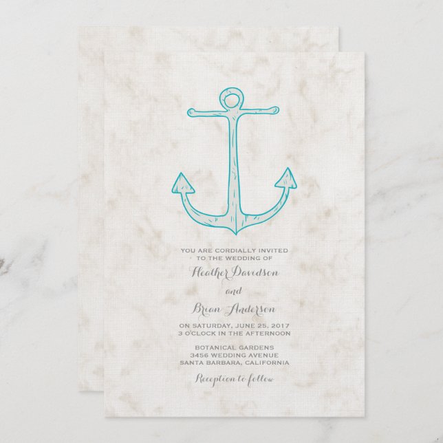 Teal Rustic Anchor Convite de casamento (Frente/Verso)