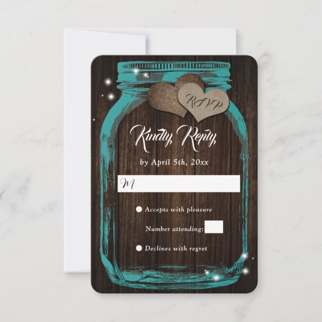 Teal Rustic Wood Hearts Mason Jar Wedding RSVP (Frente)