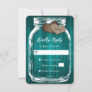 Teal Rustic Wood Mason Jar Two Hearding RSVP