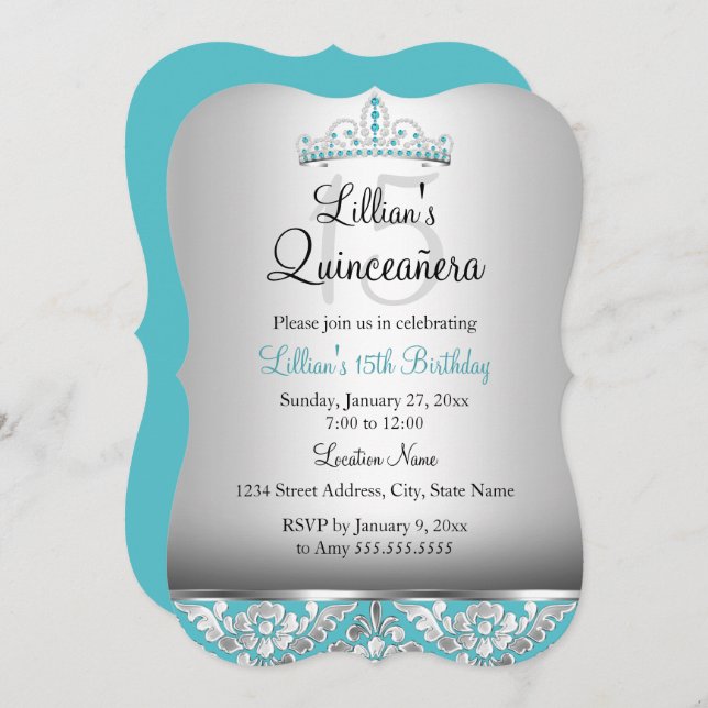 Teal Silver Damask Tiara Quinceanera Convite (Frente/Verso)
