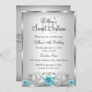 Teal Silver Floral Swirl Sweet 16 Convite