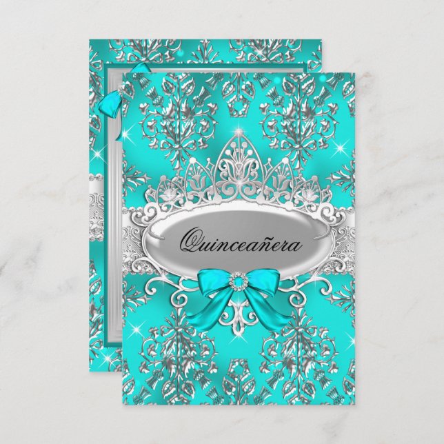 Teal Silver Tiara Damask Quinceanera Convite (Frente/Verso)