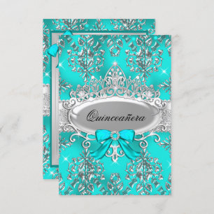 Teal Silver Tiara Damask Quinceanera Convite