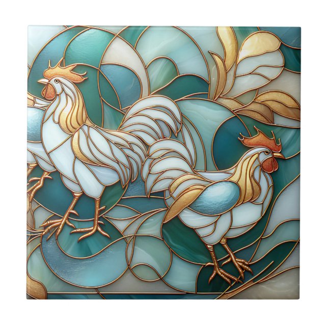 Teal Stained Glass Roosters Elegant Farmhouse (Frente)