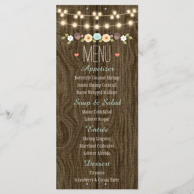 Teal String of Lights Rustic Casamento outono Menu (Frente)