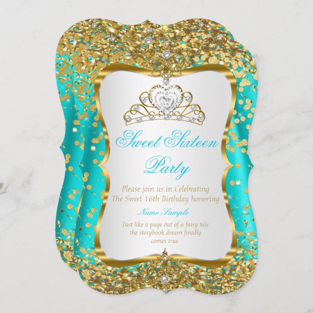Teal Tiara Princess Sweet 16 Dourado Convite Branc (Frente/Verso)