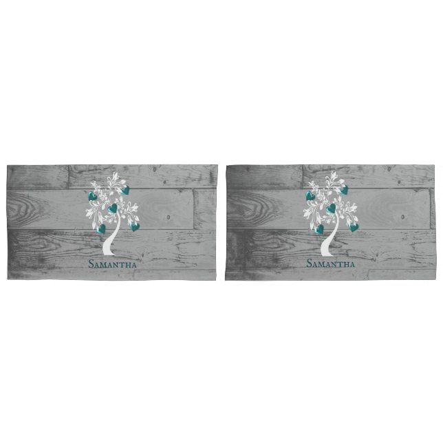 Teal Tree of Hearts Personalised Travesseiro Case (Frente - conjunto)