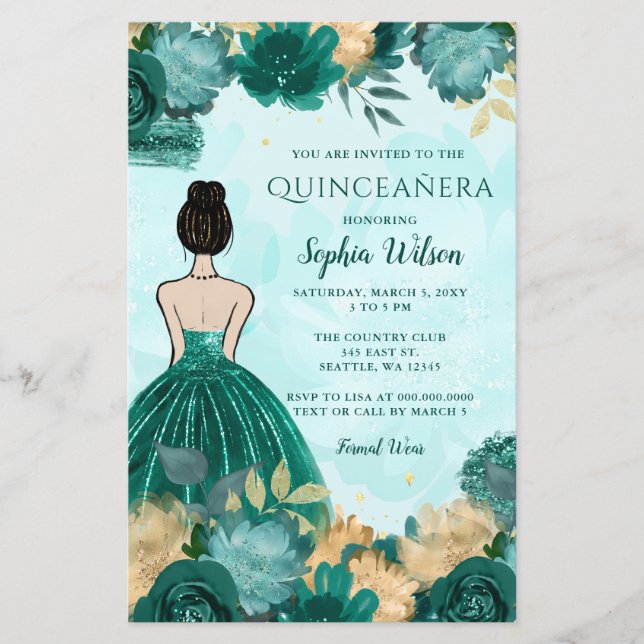 Teal Turquesa Dourada Princesa Quinceañera (Frente)