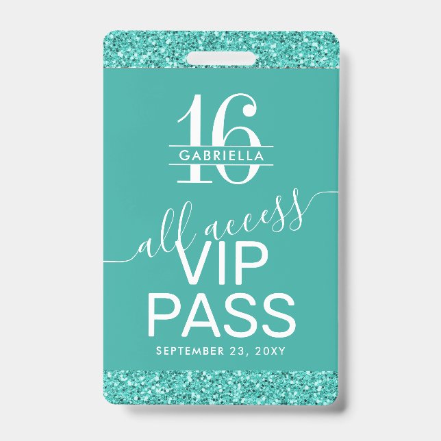 Teal Turquoise Sweet 16 Convite VIP Pass Crachá (Frente)