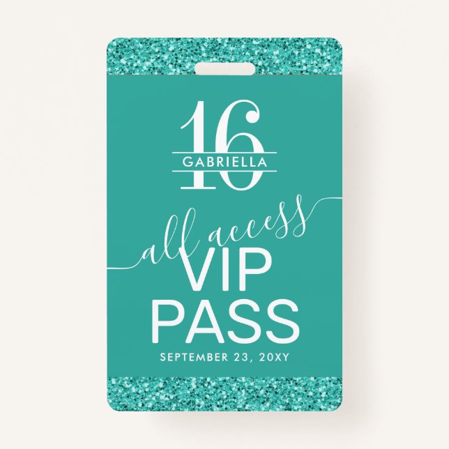 Teal Turquoise Sweet 16 Convite VIP Pass Crachá (Frente)