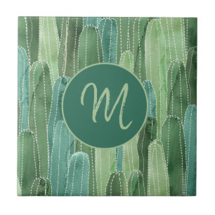 Teal Verde Aquarela Cactos Monograma