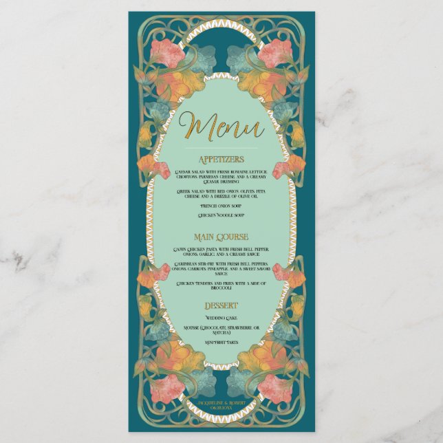 Teal Watercolor Art Nouveau, Menu Casamento (Frente)