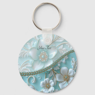 Teal White Floral Chaveiro