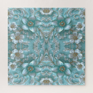 Teal White Floral Quebra-cabeça